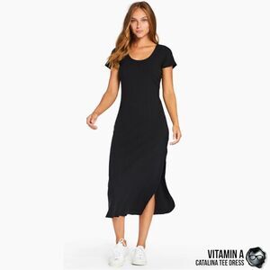 VITAMIN A CATALINA TEE LONG DRESS IN BLACK ORGANIC COTTON STRETCHY RIB KNIT MIDI